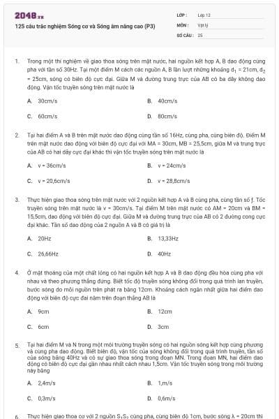 125 câu trắc nghiệm Sóng cơ và Sóng âm nâng cao (P3)