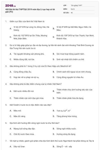 400 Bài thi thử THPTQG 2019 môn Địa Lí cực hay có lời giải (P3)