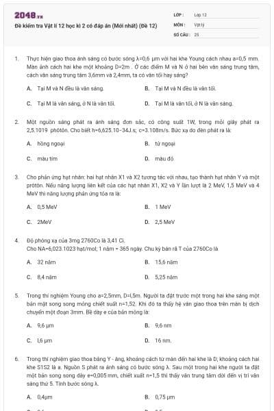 Đề kiểm tra Vật lí 12 học kì 2 có đáp án (Mới nhất) (Đề 12)