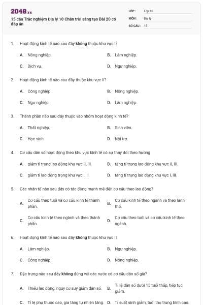 15 câu Trắc nghiệm Địa lý 10 Chân trời sáng tạo Bài 20 có đáp án