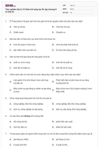 Trắc nghiệm Địa lý 10 Chân trời sáng tạo Ôn tập chương 8 có đáp án