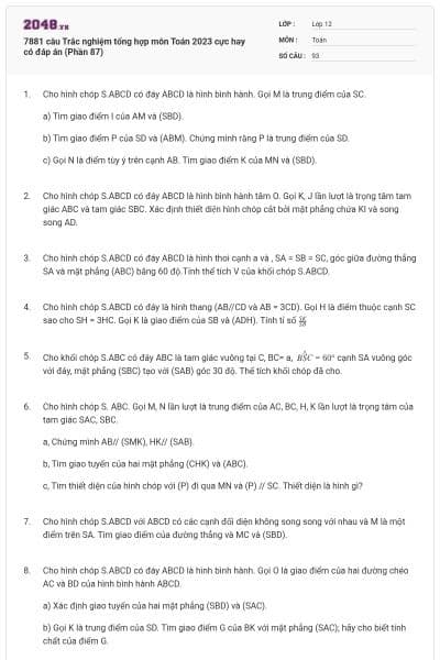 7881 câu  Trắc nghiệm tổng hợp môn Toán 2023 cực hay có đáp án (Phần 87)