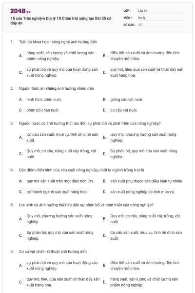 15 câu Trắc nghiệm Địa lý 10 Chân trời sáng tạo Bài 25 có đáp án