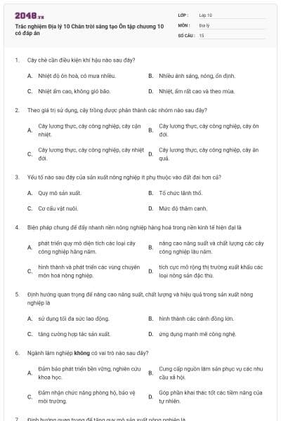 Trắc nghiệm Địa lý 10 Chân trời sáng tạo Ôn tập chương 10 có đáp án