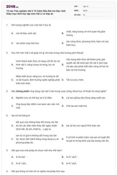 10 câu Trắc nghiệm Vật lí 10 Cánh Diều Bài mở đầu: Giới thiệu mục đích học tập môn Vật Lí có đáp án