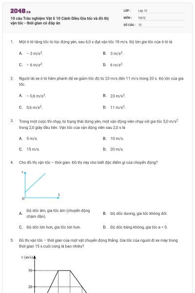 10 câu Trắc nghiệm Vật lí 10 Cánh Diều Gia tốc và đồ thị vận tốc - thời gian có đáp án