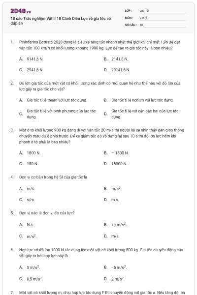 10 câu Trắc nghiệm Vật lí 10 Cánh Diều Lực và gia tốc có đáp án