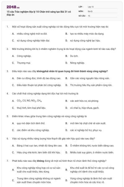 15 câu Trắc nghiệm Địa lý 10 Chân trời sáng tạo Bài 31 có đáp án
