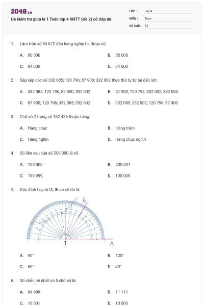 Đề kiểm tra giữa kì 1 Toán lớp 4 KNTT (Đề 2) có đáp án