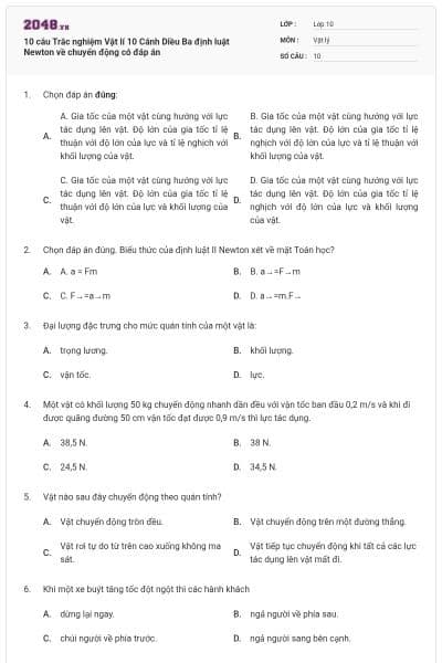 10 câu Trắc nghiệm Vật lí 10 Cánh Diều Ba định luật Newton về chuyển động có đáp án