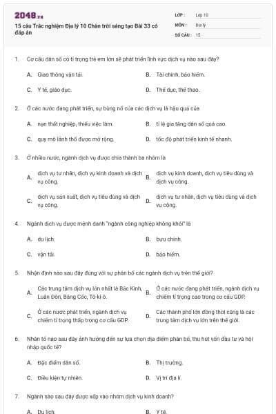 15 câu Trắc nghiệm Địa lý 10 Chân trời sáng tạo Bài 33 có đáp án