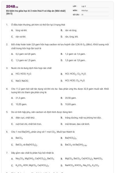 Đề kiểm tra giữa học kì 2 môn Hoá 9 có đáp án (Mới nhất) (Đề 5)