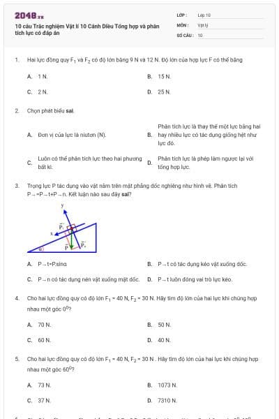 10 câu Trắc nghiệm Vật lí 10 Cánh Diều Tổng hợp và phân tích lực có đáp án