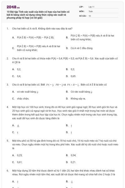 10 Bài tập Tính xác suất của biến cố hợp của hai biến cố bất kì bằng cách sử dụng công thức cộng xác suất và phương pháp tổ hợp (có lời giải)