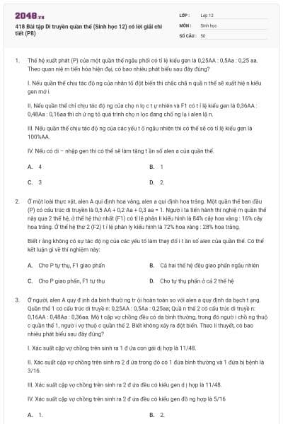 418 Bài tập Di truyền quần thể (Sinh học 12) có lời giải chi tiết (P8)