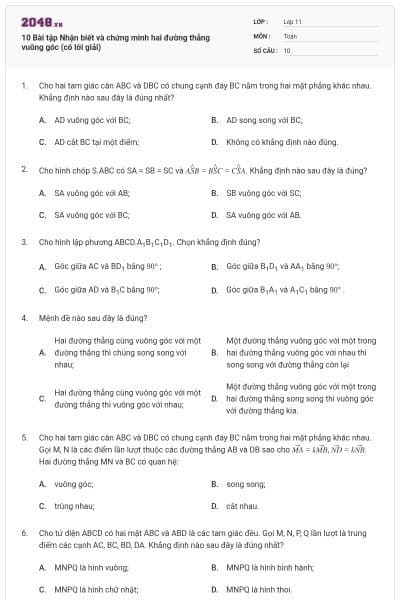 10 Bài tập Nhận biết và chứng minh hai đường thẳng vuông góc (có lời giải)