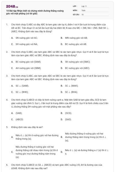 10 Bài tập Nhận biết và chứng minh đường thẳng vuông góc với mặt phẳng (có lời giải)