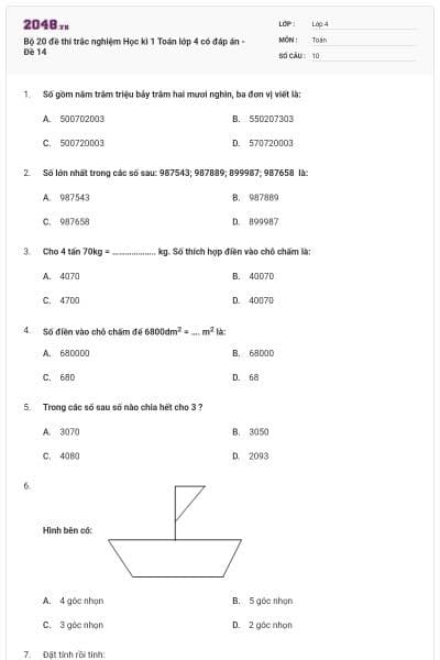 Bộ 20 đề thi trắc nghiệm Học kì 1 Toán lớp 4 có đáp án - Đề 14