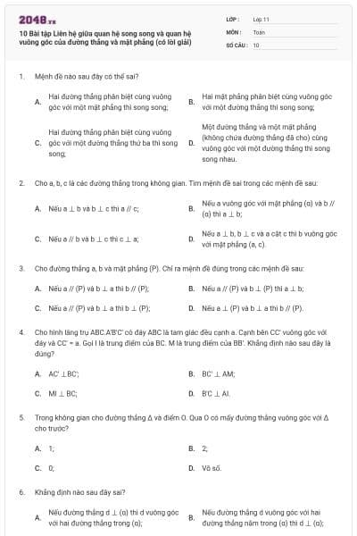 10 Bài tập Liên hệ giữa quan hệ song song và quan hệ vuông góc của đường thẳng và mặt phẳng (có lời giải)