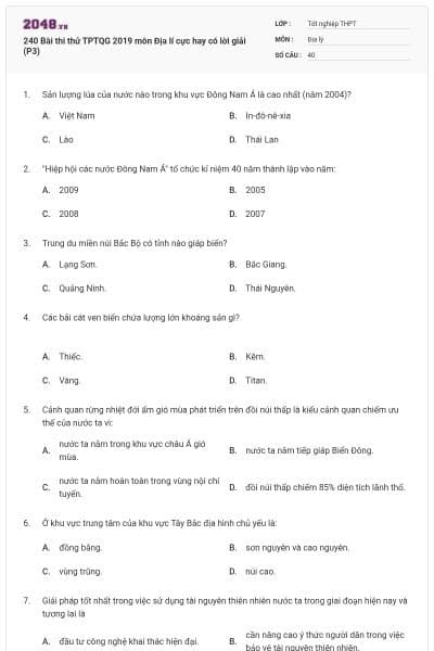 240 Bài thi thử TPTQG 2019 môn Địa lí cực hay có lời giải (P3)