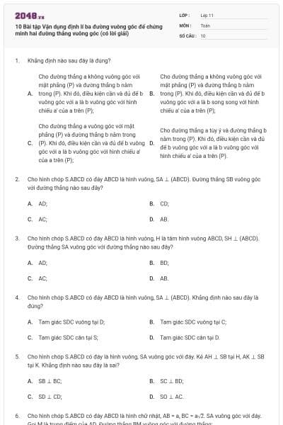 10 Bài tập Vận dụng định lí ba đường vuông góc để chứng minh hai đường thẳng vuông góc (có lời giải)