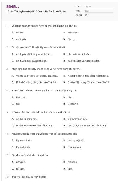 15 câu Trắc nghiệm Địa lí 10 Cánh diều Bài 7 có đáp án