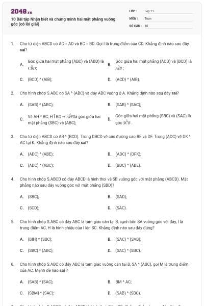 10 Bài tập Nhận biết và chứng minh hai mặt phẳng vuông góc (có lời giải)