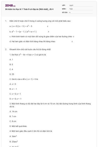 Đề kiểm tra Học kì 1 Toán 8 có đáp án (Mới nhất)_ đề 4