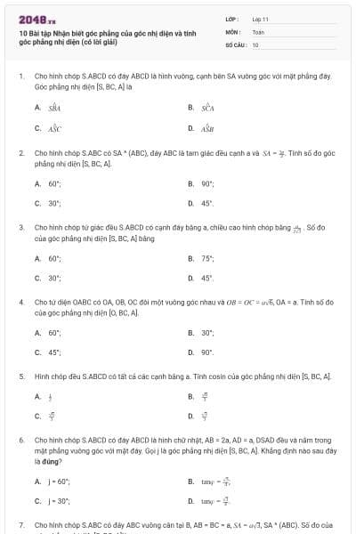 10 Bài tập Nhận biết góc phẳng của góc nhị diện và tính góc phẳng nhị diện (có lời giải)