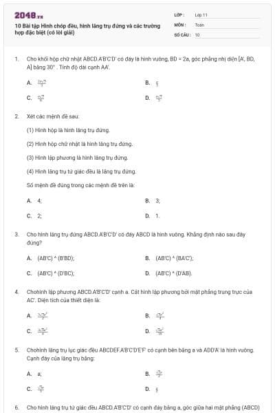 10 Bài tập Hình chóp đều, hình lăng trụ đứng và các trường hợp đặc biệt (có lời giải)