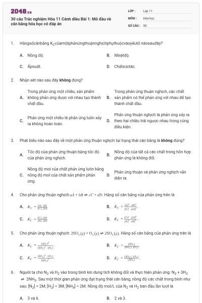 30 câu Trắc nghiệm Hóa 11 Cánh diều Bài 1: Mở đầu về cân bằng hóa học có đáp án