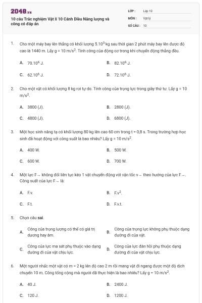 10 câu Trắc nghiệm Vật lí 10 Cánh Diều Năng lượng và công có đáp án