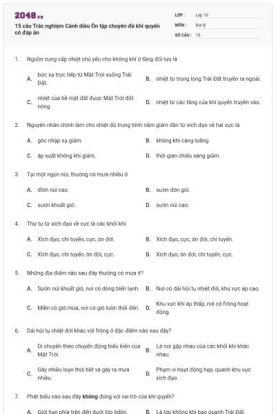 15 câu Trắc nghiệm Cánh diều Ôn tập chuyên đề khí quyển có đáp án