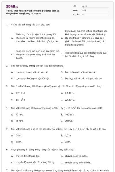 10 câu Trắc nghiệm Vật lí 10 Cánh Diều Bảo toàn và chuyển hóa năng lượng có đáp án