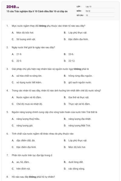 15 câu Trắc nghiệm Địa lí 10 Cánh diều Bài 10 có đáp án