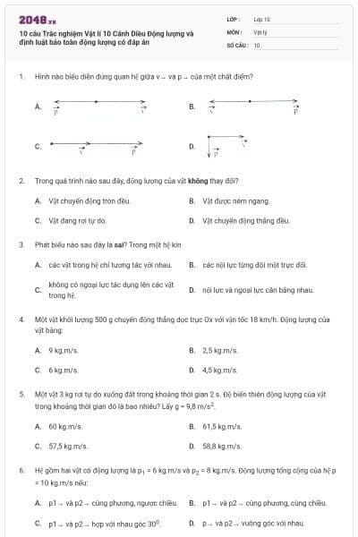 10 câu Trắc nghiệm Vật lí 10 Cánh Diều Động lượng và định luật bảo toàn động lượng có đáp án