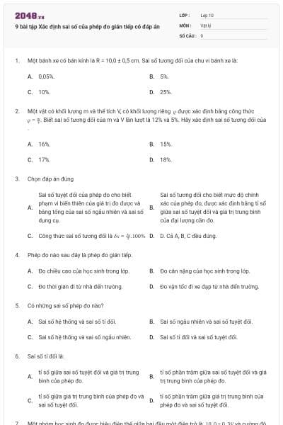 9 bài tập Xác định sai số của phép đo gián tiếp có đáp án