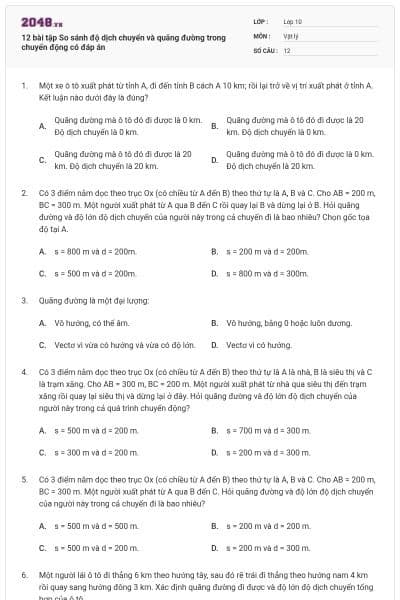 12 bài tập So sánh độ dịch chuyển và quãng đường trong chuyển động có đáp án