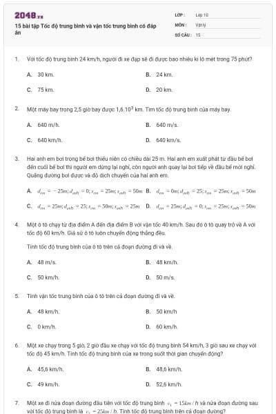 15 bài tập Tốc độ trung bình và vận tốc trung bình có đáp án
