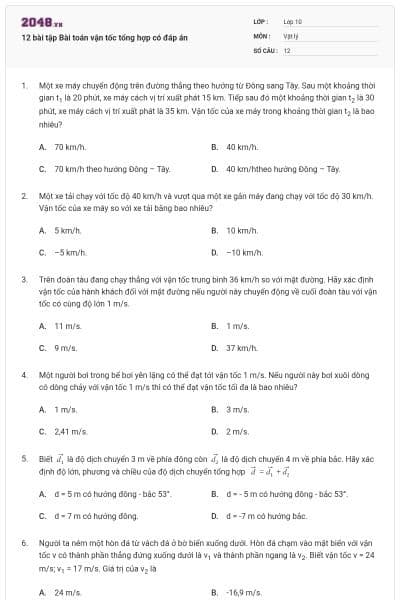 12 bài tập Bài toán vận tốc tổng hợp có đáp án