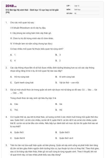 512 Bài tập Hệ sinh thái - Sinh học 12 cực hay có lời giải (P8)