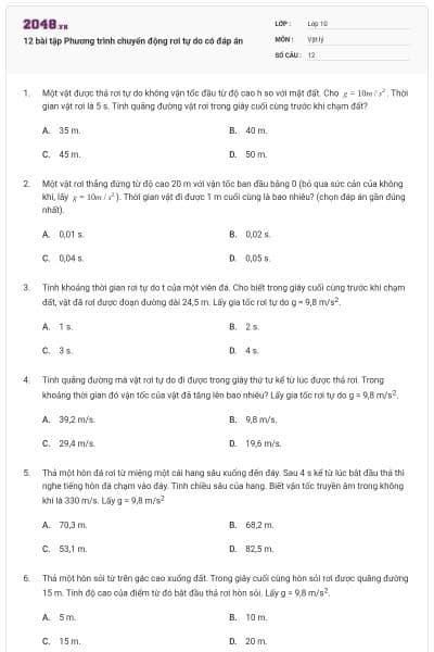 12 bài tập Phương trình chuyển động rơi tự do có đáp án