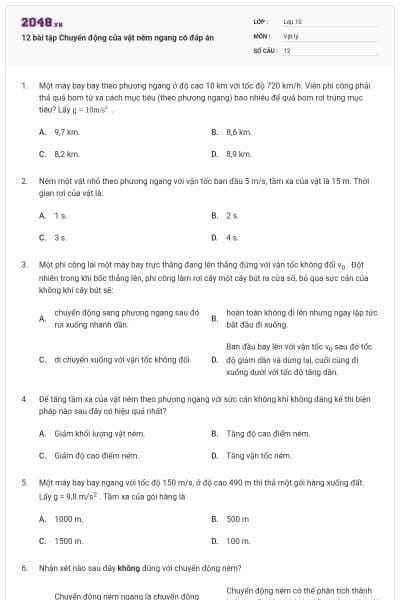 12 bài tập Chuyển động của vật ném ngang có đáp án