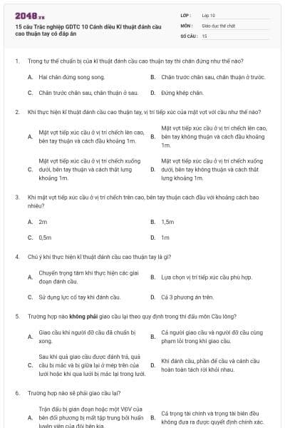 15 câu Trắc nghiệp GDTC 10 Cánh diều Kĩ thuật đánh cầu cao thuận tay có đáp án