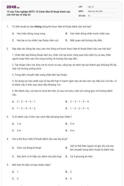 15 câu Trắc nghiệp GDTC 10 Cánh diều Kĩ thuật đánh cầu cao trái tay có đáp án