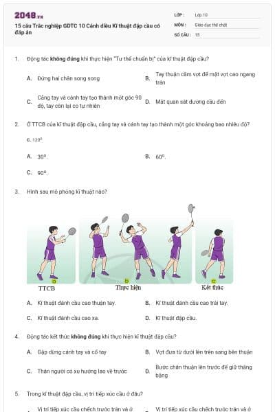 15 câu Trắc nghiệp GDTC 10 Cánh diều Kĩ thuật đập cầu có đáp án