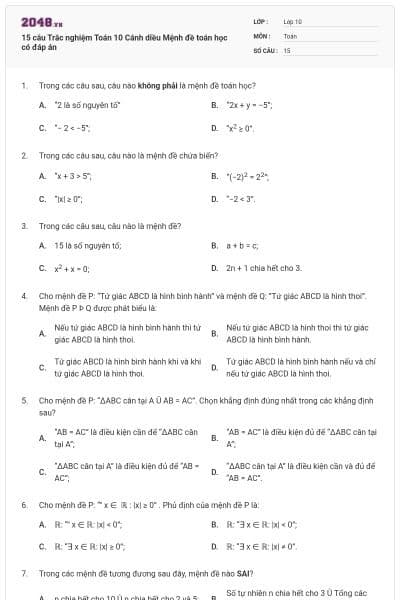 15 câu Trắc nghiệm Toán 10 Cánh diều Mệnh đề toán học có đáp án