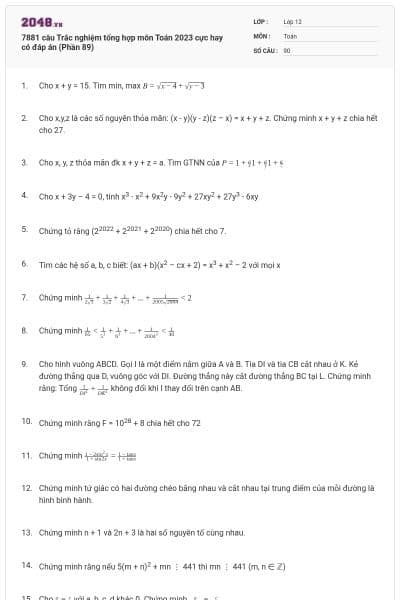 7881 câu  Trắc nghiệm tổng hợp môn Toán 2023 cực hay có đáp án (Phần 89)