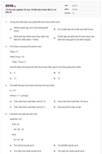 15 câu trắc nghiệm Tin học 10 Kết nối tri thức Bài 21 có đáp án