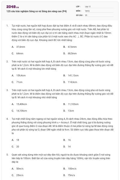 125 câu trắc nghiệm Sóng cơ và Sóng âm nâng cao (P4)